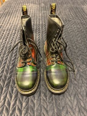 Dr. Martens Green and Red Tartan Plaid 8-Eye Lace-Up Boots